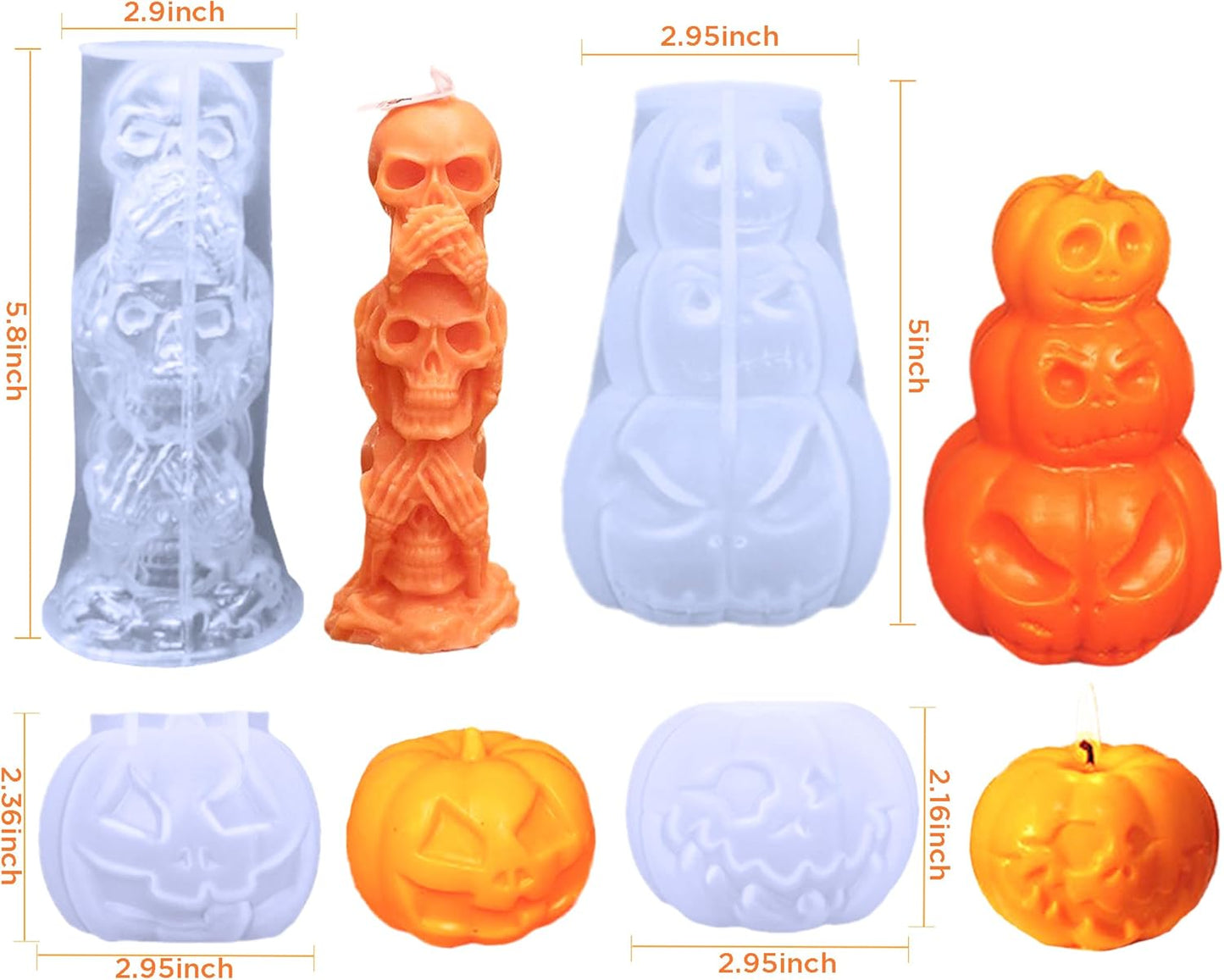 4Pcs Halloween Ghost Candle Silicone Molds Set, DIY 3D Halloween Pumpkin Skull Candle Making Wax Moulds Gypsum Ornament Resin Soap Molds Casting Art Home Decor