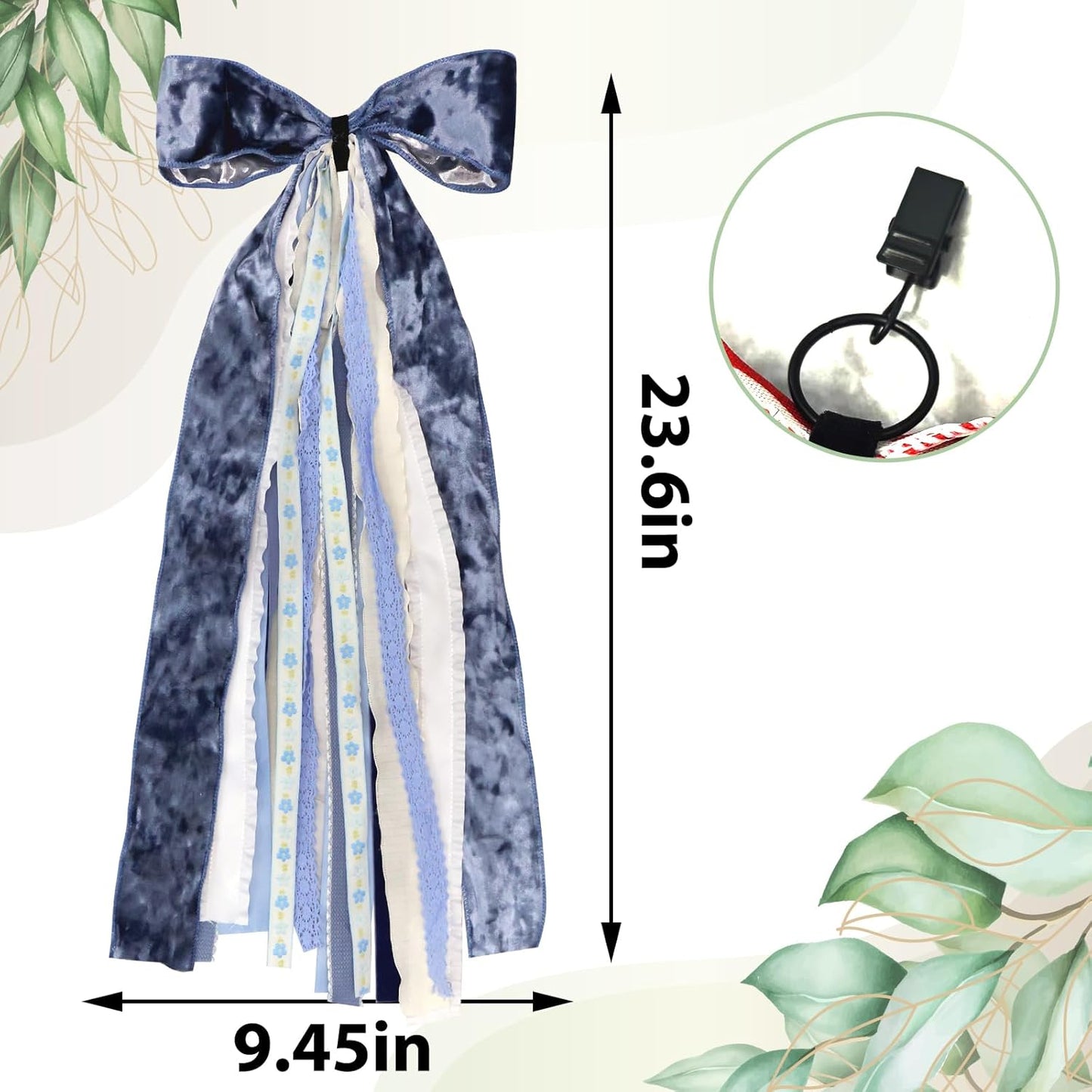 Large Blue Velvet Ribbon Bow for Wreath, Vintage Solid Fabric Ribbons Set Assorted Lace Ribbons Blue White Clip-On Wreath Sash Ribbon Bundle for Winter Christmas Home Indoor Outdoor Decor