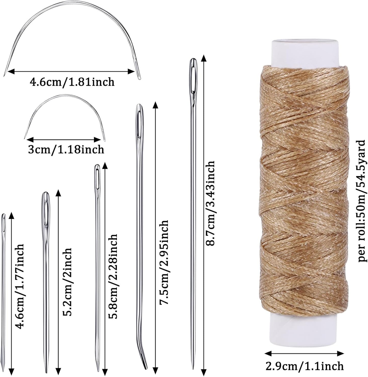 55Yards Waxed Thread with 7 Pcs Leather Needles for Hand Sewing 150D Flat Sewing Waxed Thread Leather Repair Needles for Sewing Upholstery Leather Canvas Bags Sofa Furniture(Khaki)