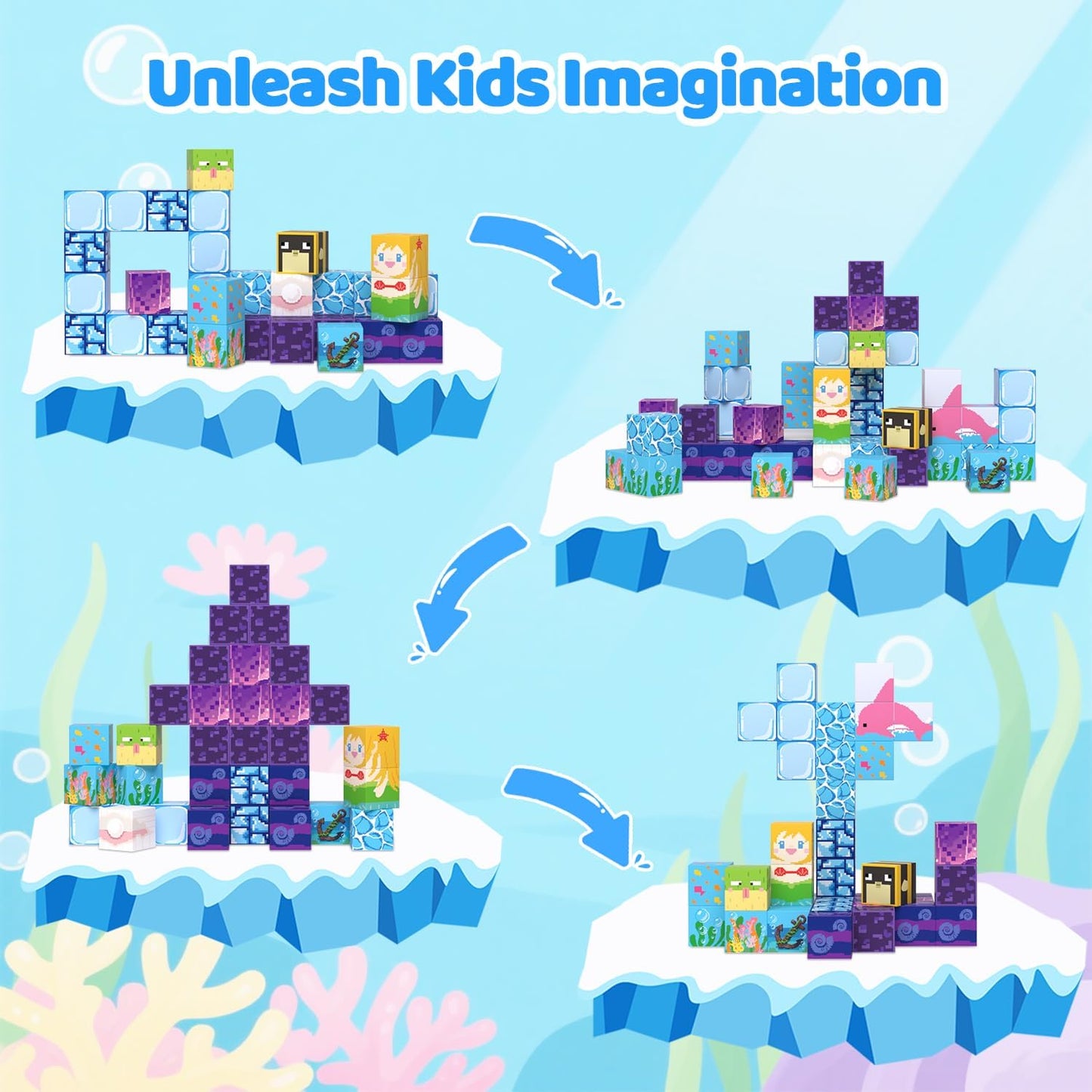 Magnetic Blocks, 100PCS Magnetic Building Blocks, Stacking Magnets for Kids, Sensory Toy for STEM Constructions Magnet Blocks for Boys Girls Age 3+, Christmas Birthday Gifts (Ocean World)