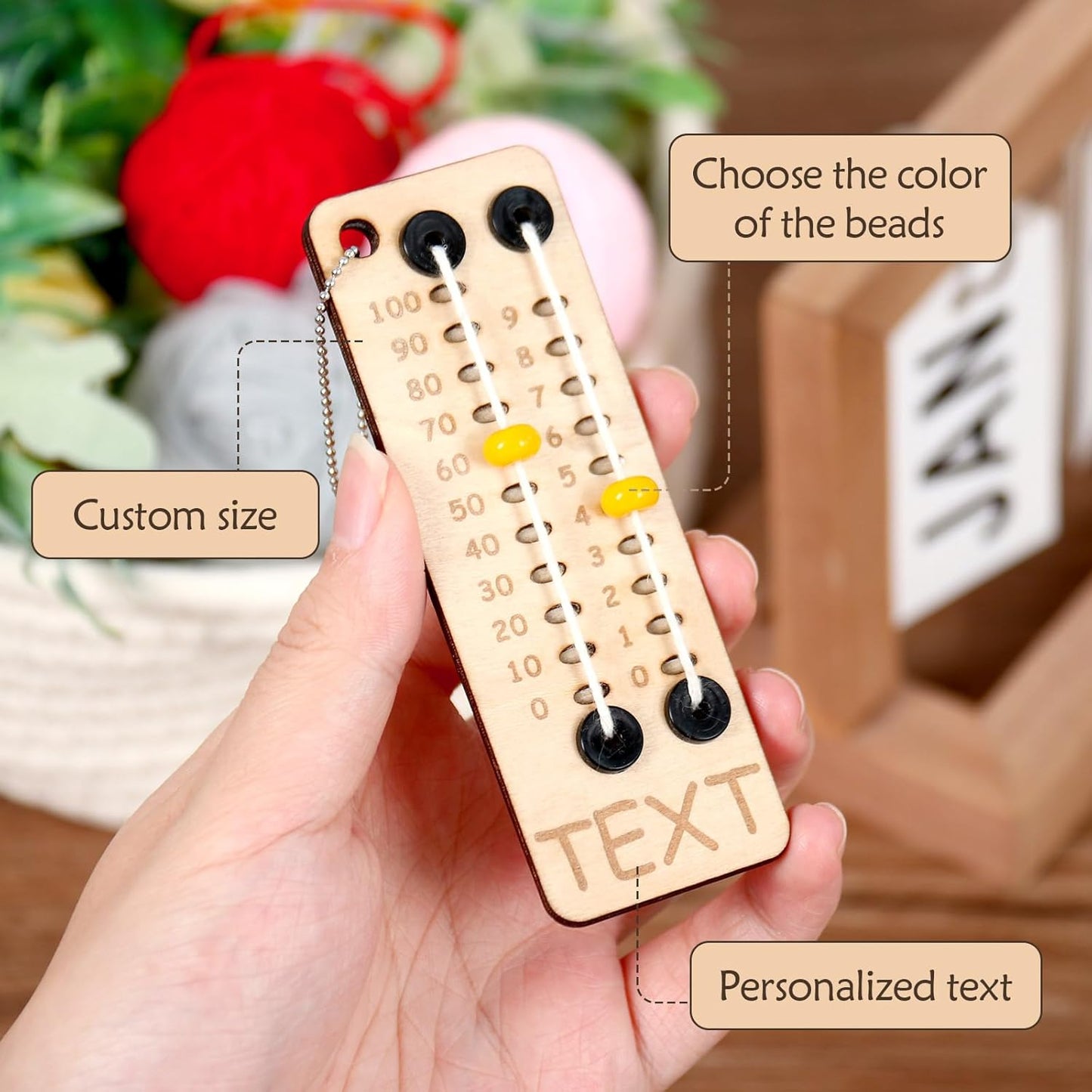 Personalized Multi-Color Beaded Wooden Sewing Row Counter with Name and Chain Knitting Tool Custom Wooden Knitting Row Counter Birthday Gift for Knitting Lovers