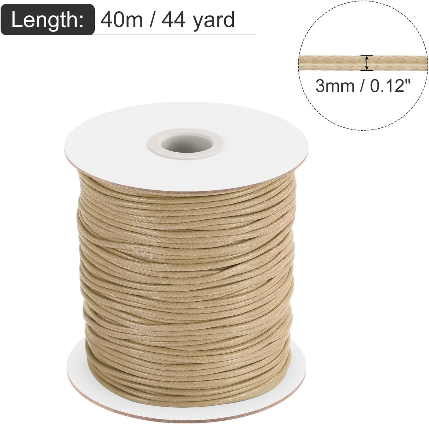 MECCANIXITY Waxed Cord 3mm Waxed Polyester Cord 44 Yard Wax String for Bracelet Making, Necklaces, Beading, Jewelry Making and DIY Crafts(Khaki)