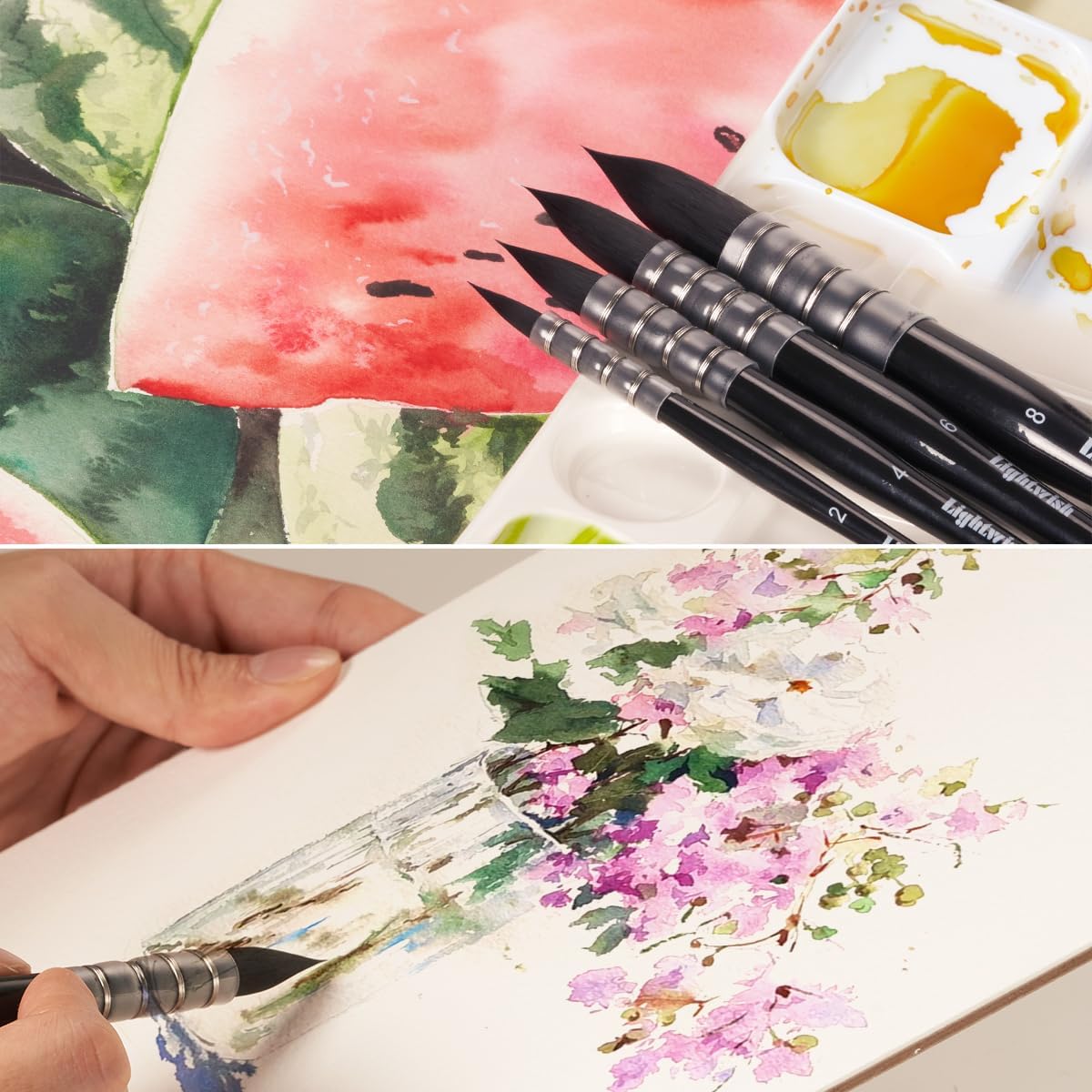 Lightwish Watercolor Brushes Set, Synthetic Squirrel Hair Paint Brushes Kit :#2#4#6#8 for Artists, Adults, and Hobbists, Pointed Round Mop Brush for Watercolor, Gouache,4 Pcs