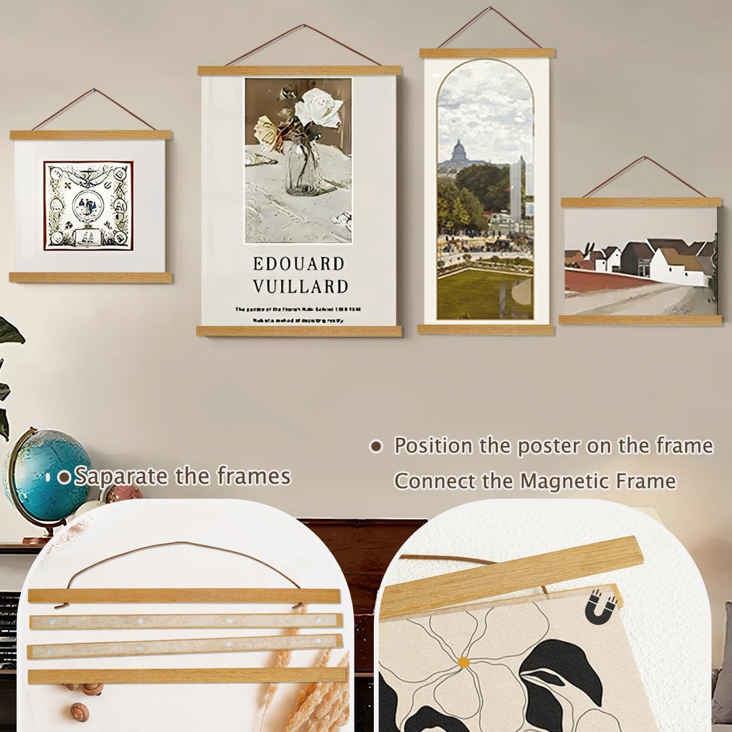 Artmag Magnetic Poster Hanger Frame, 13x19 13x22 13x24 Light Wood Wooden Magnet Canvas Artwork Print Poster Hangers Frames Hanging Kit (Teak Wood, 13")