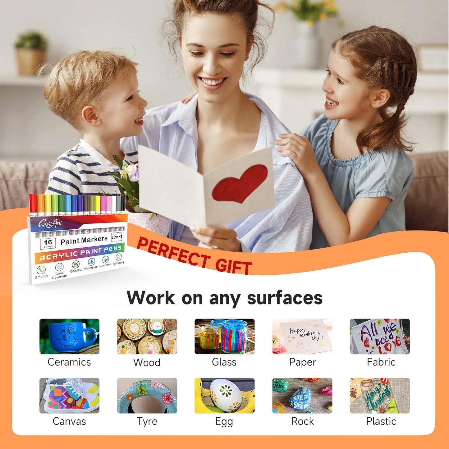 16 Colors Permanent Markers, Acrylic Paint Pens for Rock Painting, Canvas, Wood, Glass, Mugs, Fabric, Ceramic,Lettering,Card Making DIY Crafts (2.5MM Medium Tip)