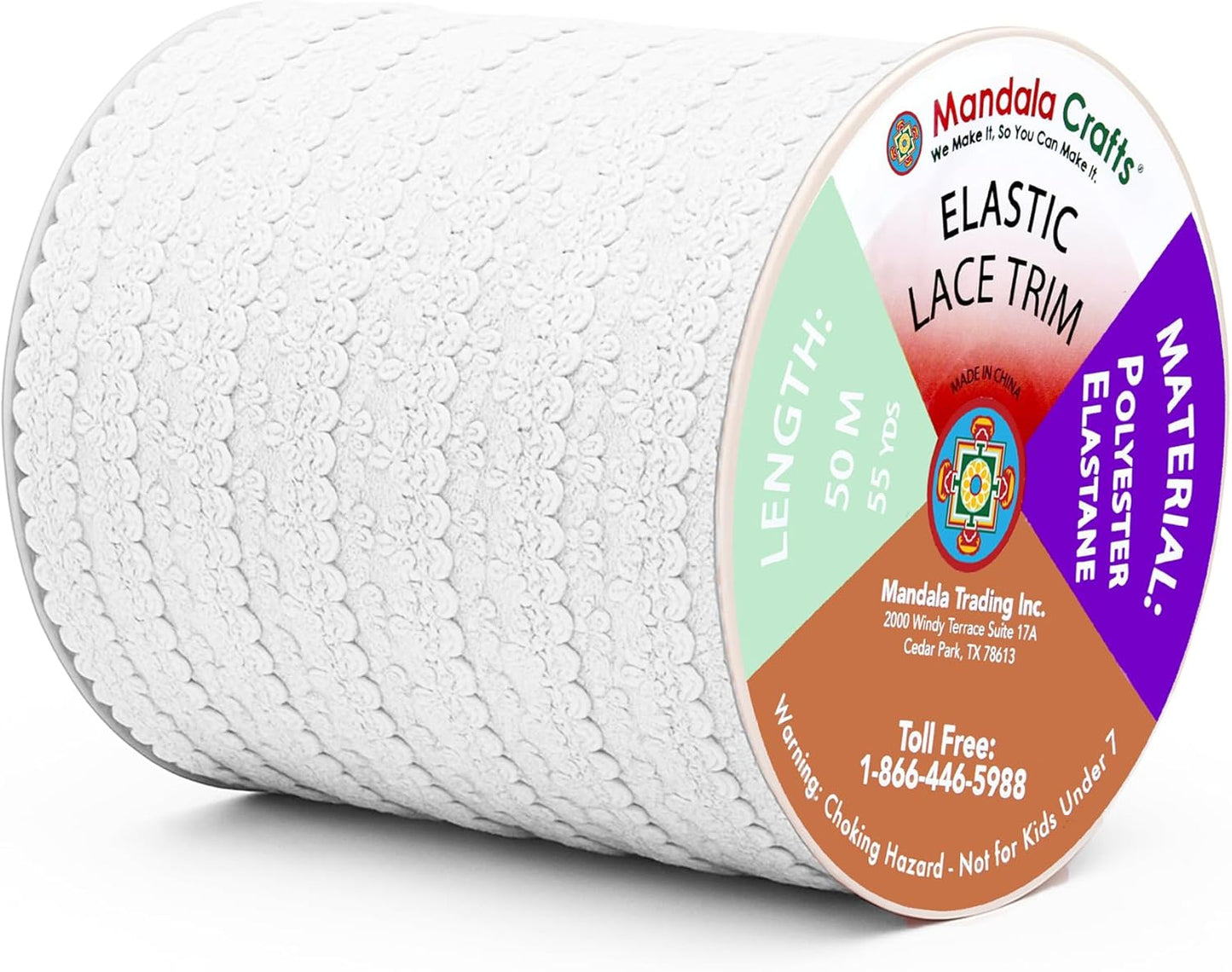 Mandala Crafts White Stretch Lace Soft Elastic Trim Roll, 55 Yards 1 Inch Wide Stretchy Frilly Picot Ribbon for Sewing Lingerie, Headbands, Underwear, and Crafts