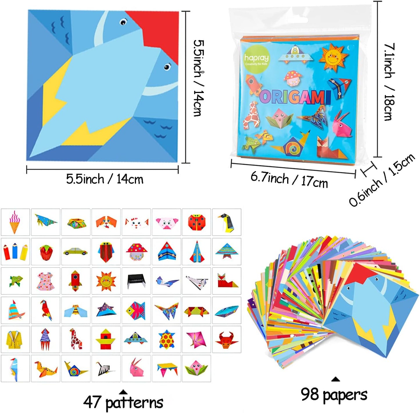 Origami Kit for Kids Ages 5-8 8-12, with Guiding Book, 98 Sheets Paper with 47 Patterns, DIY Art and Craft Projects, Beginners Children's Day Gift Boy Girl