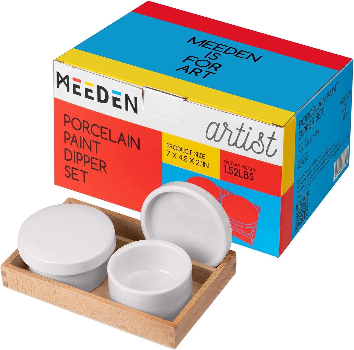 MEEDEN 2 Pack Porcelain Palette Cup, Ceramic Palette with Lid, Deep Well Oil Painting Cup, Artists Paint Water Cup, Oil Paint Dipper, Brush Wash Bowl with Beech Wood Tray