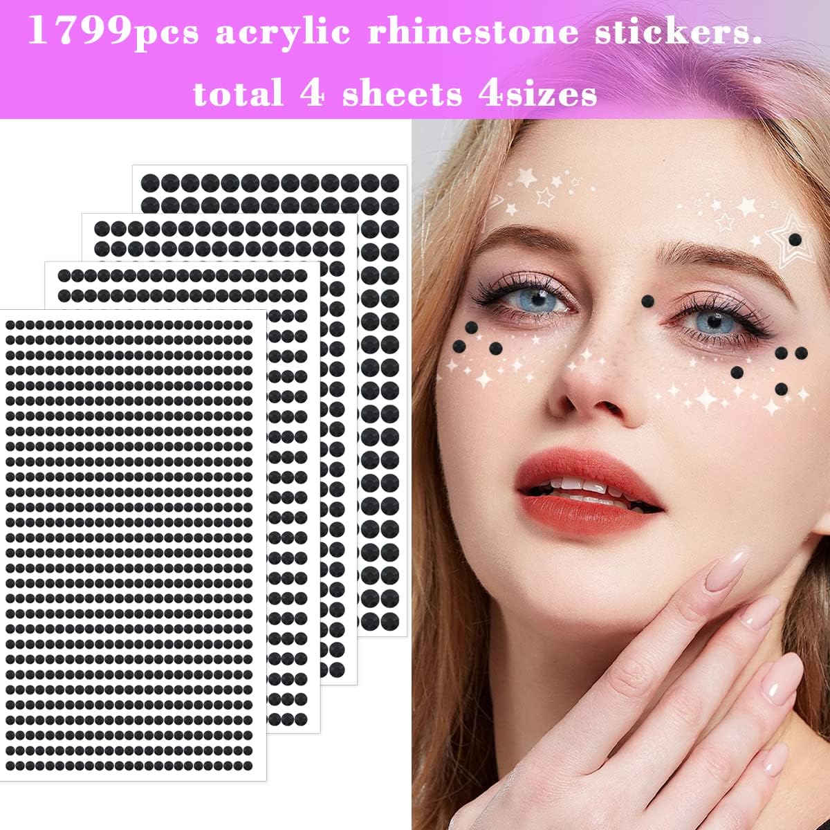 1799pcs Self Adhesive Face Gems Stickers, Hair Gems Rhinestones Stickers, Bling Jewels for Makeup, Crafts, Home Decor Scrapbooking Embellishments, 4 Sizes 3mm/4mm/5mm/6mm(Black Rhinestones)