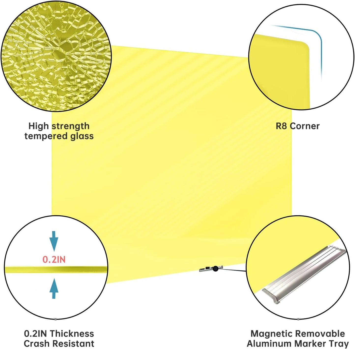 Magnetic Glass Whiteboard - Glass Dry Erase Board 48"x36" Large Frameless Glass Board for Walls Office School and Home, Yellow