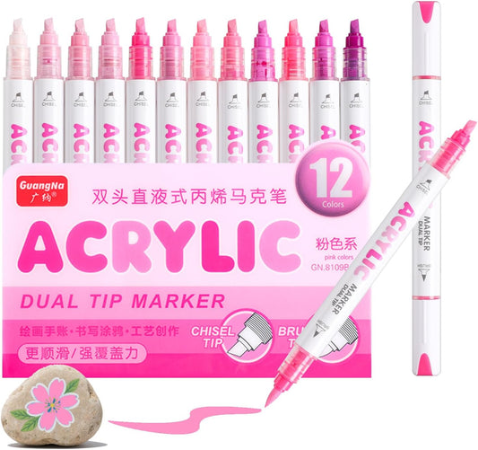 kander 12 Colors Dual Tip Acrylic Paint Markers,Pink Color— Extra Fine & Soft Brush Pen Set with Direct Ink Flow for Sketching, Detailing, Coloring on Wood, Canvas, Rock, Glass, DIY Crafts
