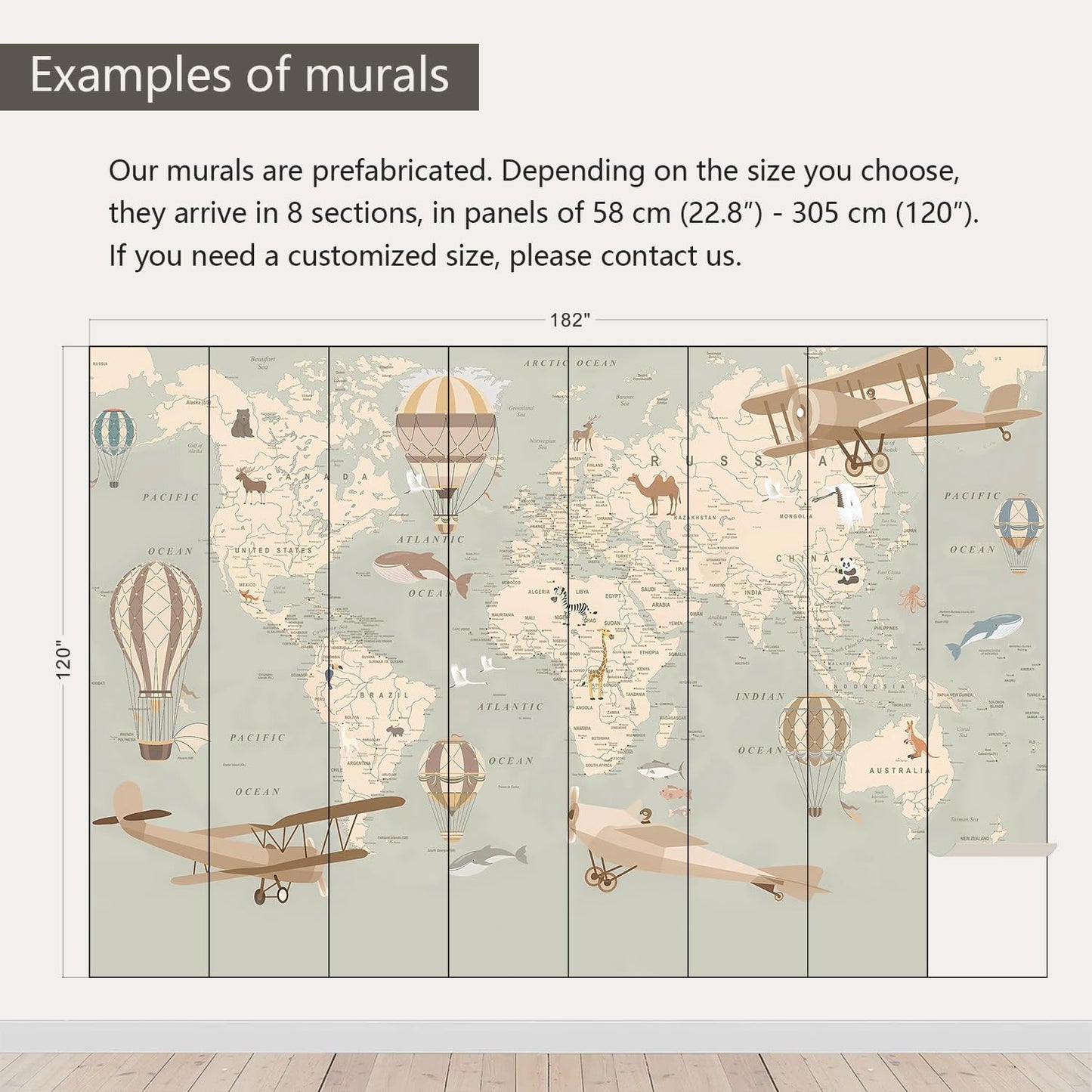 AFZEVEB-Vintage Animal Wallpaper Cartoon Aircraft Map Wall murals for Kids Room 182"x120"(Not Peel and Stick)