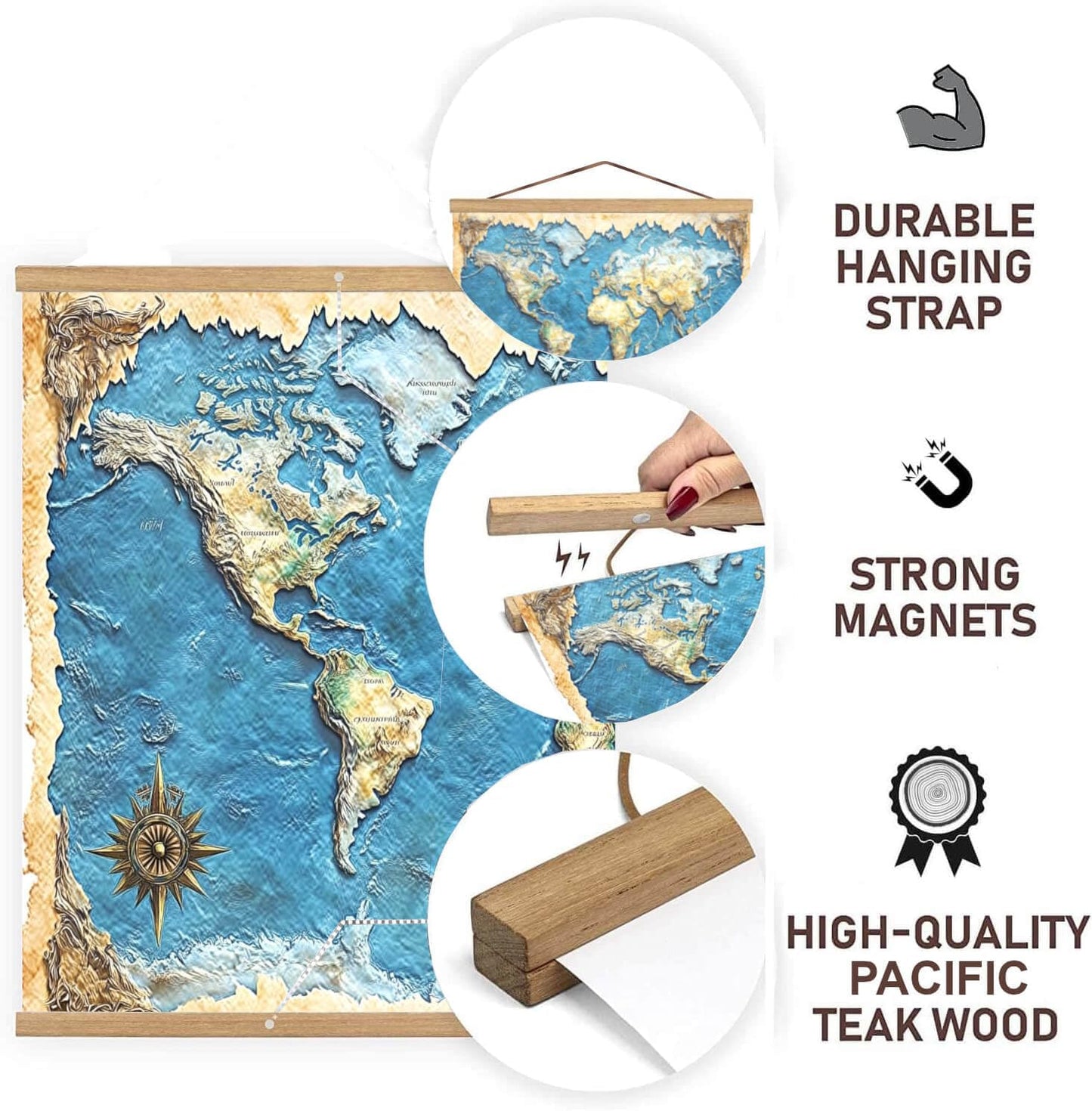 36" Sturdy Magnetic Poster Hanger,Sleek Poster Frame of Teak Wood with Strong Magnets for Safely Hanging Maps Pictures Canvas Scrolls Print Wall Art, Dacri Home (36 Inch, Natural Wood)