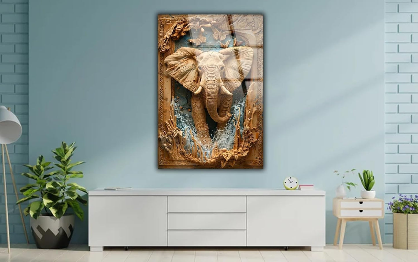 SpiritualHands Rustic Elephant Printed Tempered Glass Wall Art Painting for Living Room, Tempered Glass Modern Prints Decor, Large Vivid Color Panel for Bedroom, Kitchen, or Office