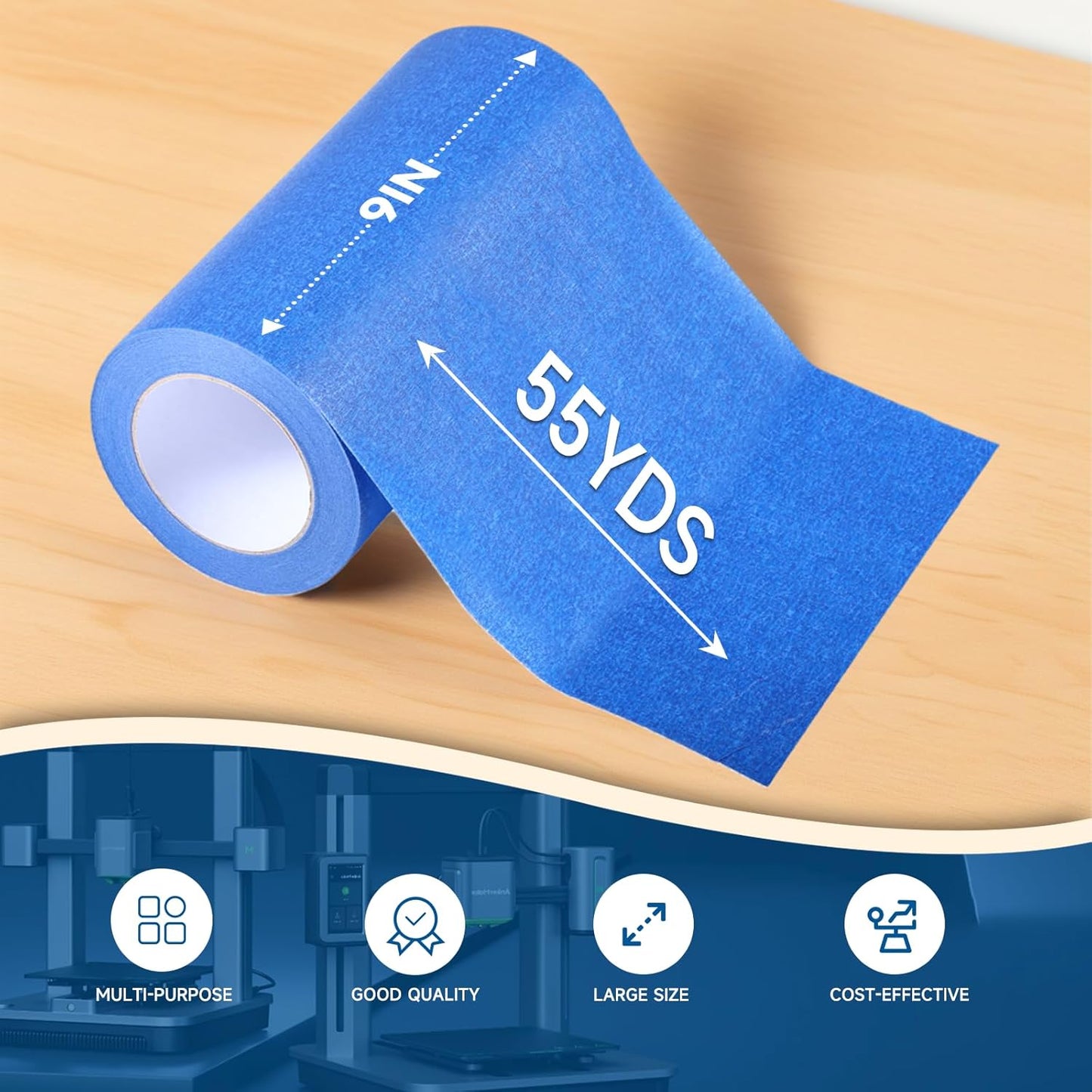 Wide Blue Painters Tape, 9 Inch x 55 Yards, Wide Masking Tape for 3D Printing, Laser Cutting, Painting, Crafting, Labeling, Packing, Office, School, Home Use, Removes Cleanly for 21 Days