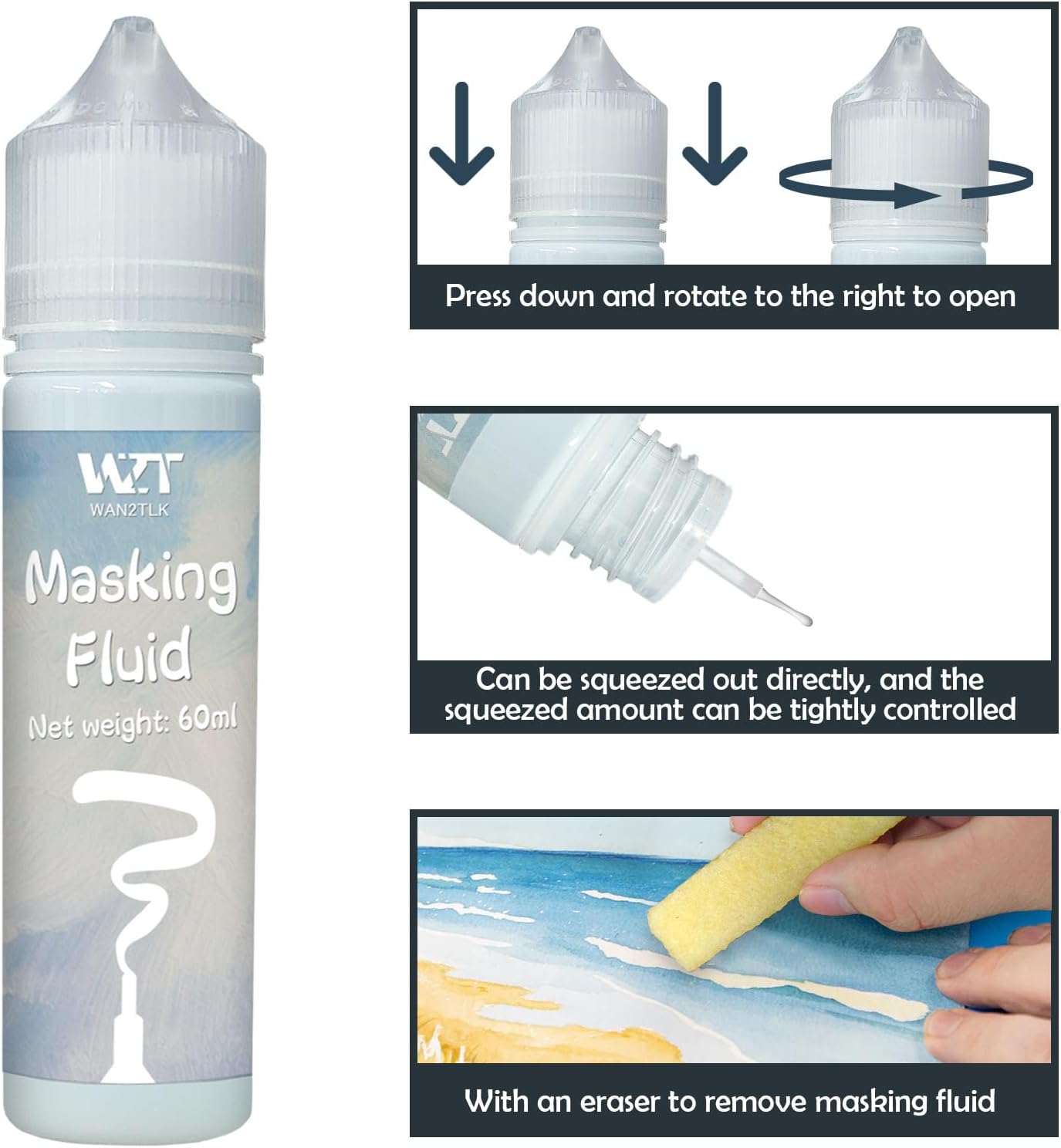 Blue Masking Fluid for Watercolor Painting 60ml, Resistant Ink and Pouring Paint, Watercolor Masking Fluid Keeps Areas Colorless and Edges Sharp