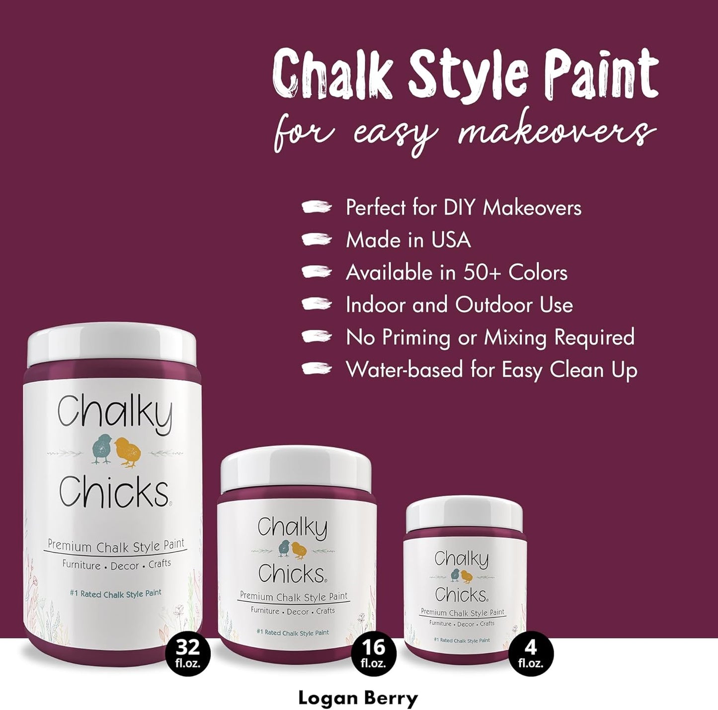 Chalky Chicks All-in-One Chalk Paint for Furniture or Cabinet - 32 Fl Oz - Matte Finish Logan Berry (Plum) for Metal, Wood Furniture Paint - No Sanding All-in-One for Home Decor & Crafts, USA Made