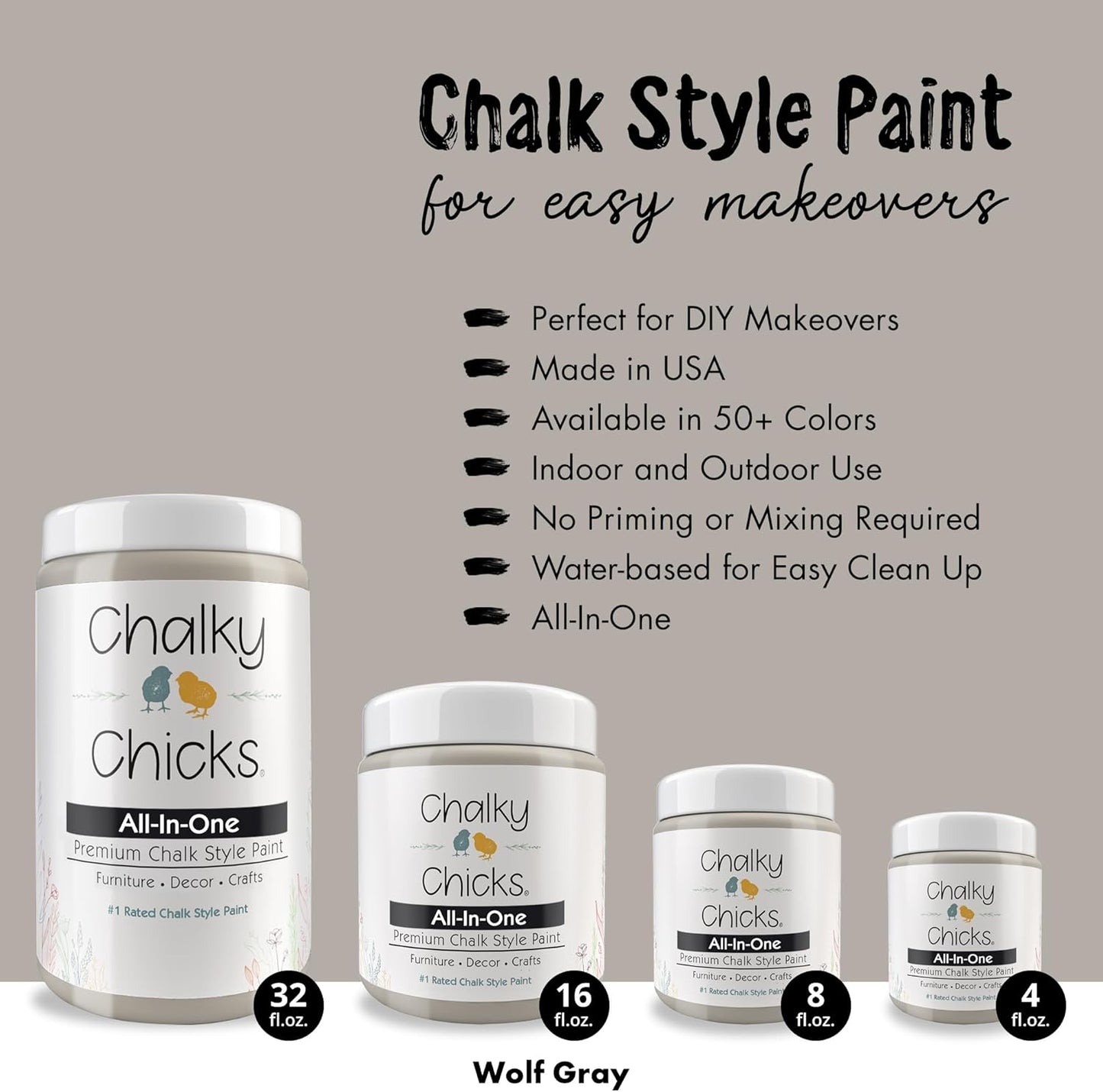 Chalky Chicks All-in-One Chalk Paint for Furniture or Cabinet - 4 Fl Oz - Matte Finish Wolf Gray (Gray/Beige) for Metal, Wood Furniture Paint - No Sanding All-in-One for Home Decor & Crafts, USA Made