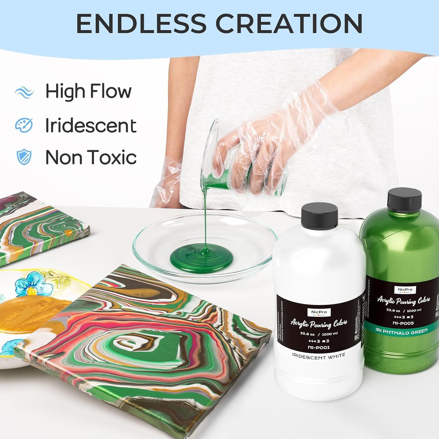 Nicpro 8 Colors 33.8 oz Large Bulk Iridescent Acrylic Pouring Paint Supplies Kit, Premixed High Flow Art Pour Paint with Silicone Pour Oil, Gloves, Tablecloths for Beginner DIY, Ready to Pour