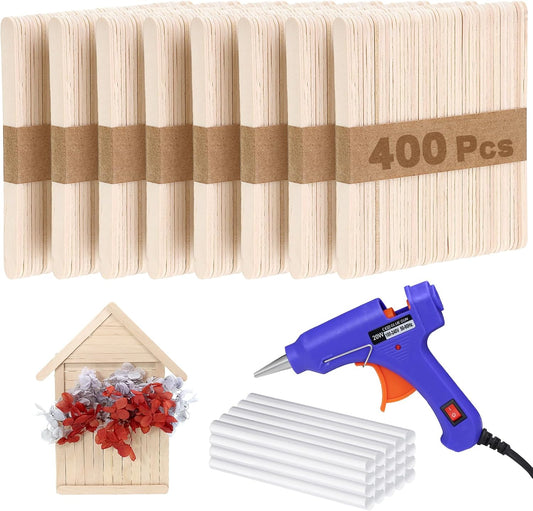 400PCS Wooden Craft Sticks Kits, 4.5 inch Natural Popsicle Wood Sticks with Hot Glue Gun and Sticks for Ice Pops Waxing Hair Removal and Wax Supplies Classroom DIY Paint Craft Project Tongue Depressor