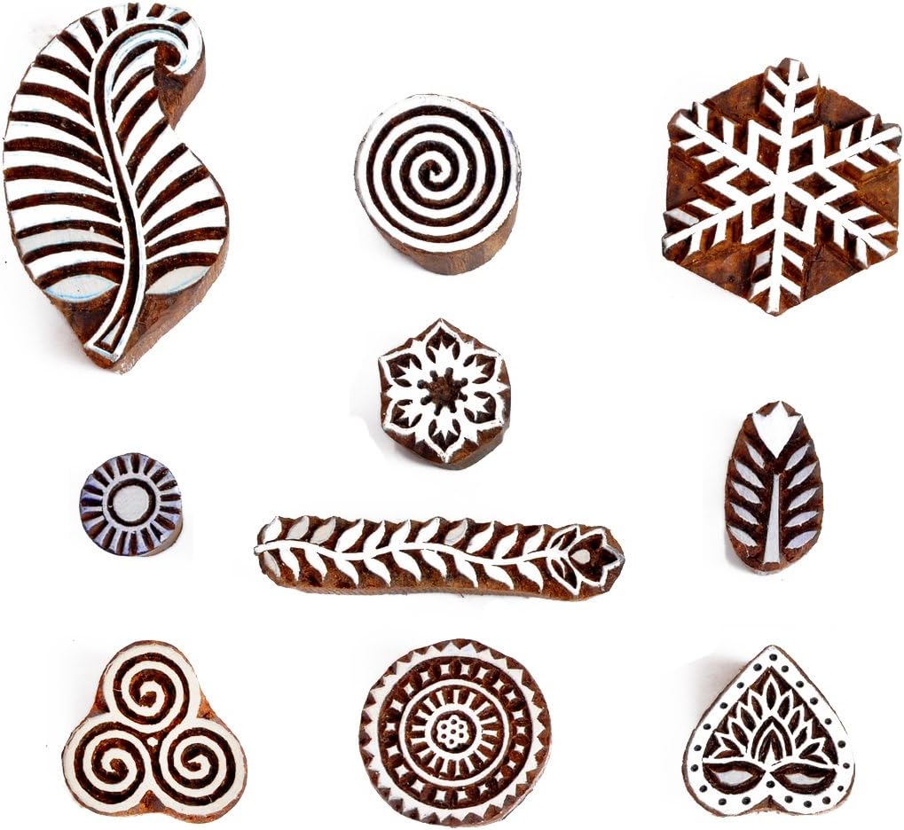 Wooden Printing Stamps Assorted Design - Handcarved Indian Textile Printing Blocks [ Pack of 37 Assorted Pc from 200 Design ] Wood Stamps for Tattoo Clay Pottery Cards Henna HASHCART®