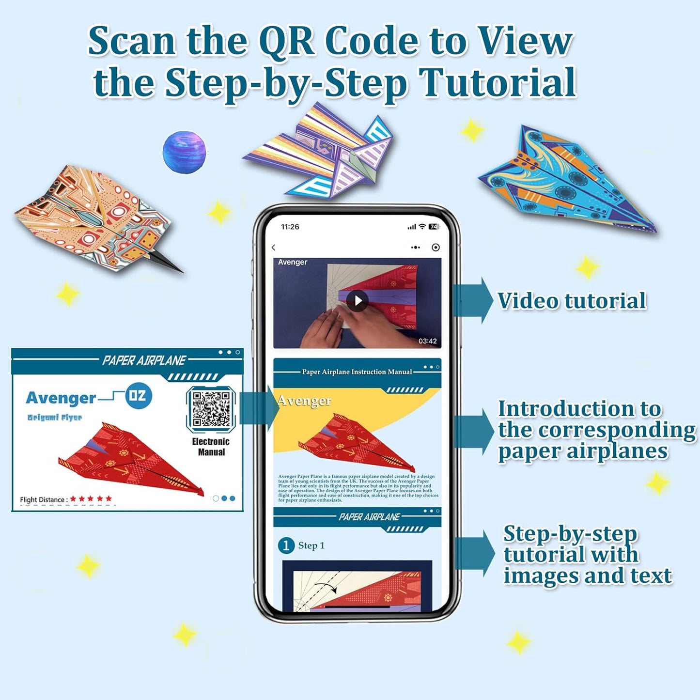 Paper Airplane Kits with 16 Classic Designs, 32 Sheets of Colorful Origami Paper, World Record Paper Planes, Airplane Gifts for Boys and Girls Ages 6-12+ (Digital Manual Only, Fun and Easy to Fold)