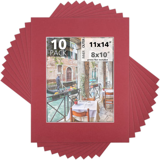 Mat Board Center, Pack of 10, 11x14 for 8x10 China Red Color Mats - Bevel Cut, Acid Free, 4-ply Thickness, White Core - for Pictures, Photos, Framing