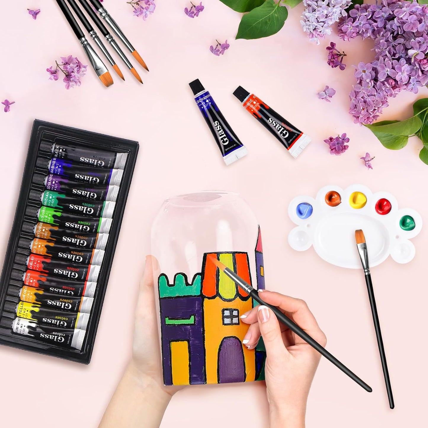 Colorful Acrylic Glass Paint Set with 6 Brushes, 1 Palette, 12 Colors Stain Glass Paints for Wine, Waterproof Acrylic Enamel Paint Kit to Create Translucent Arts on Porcelain, Window & Ceramic
