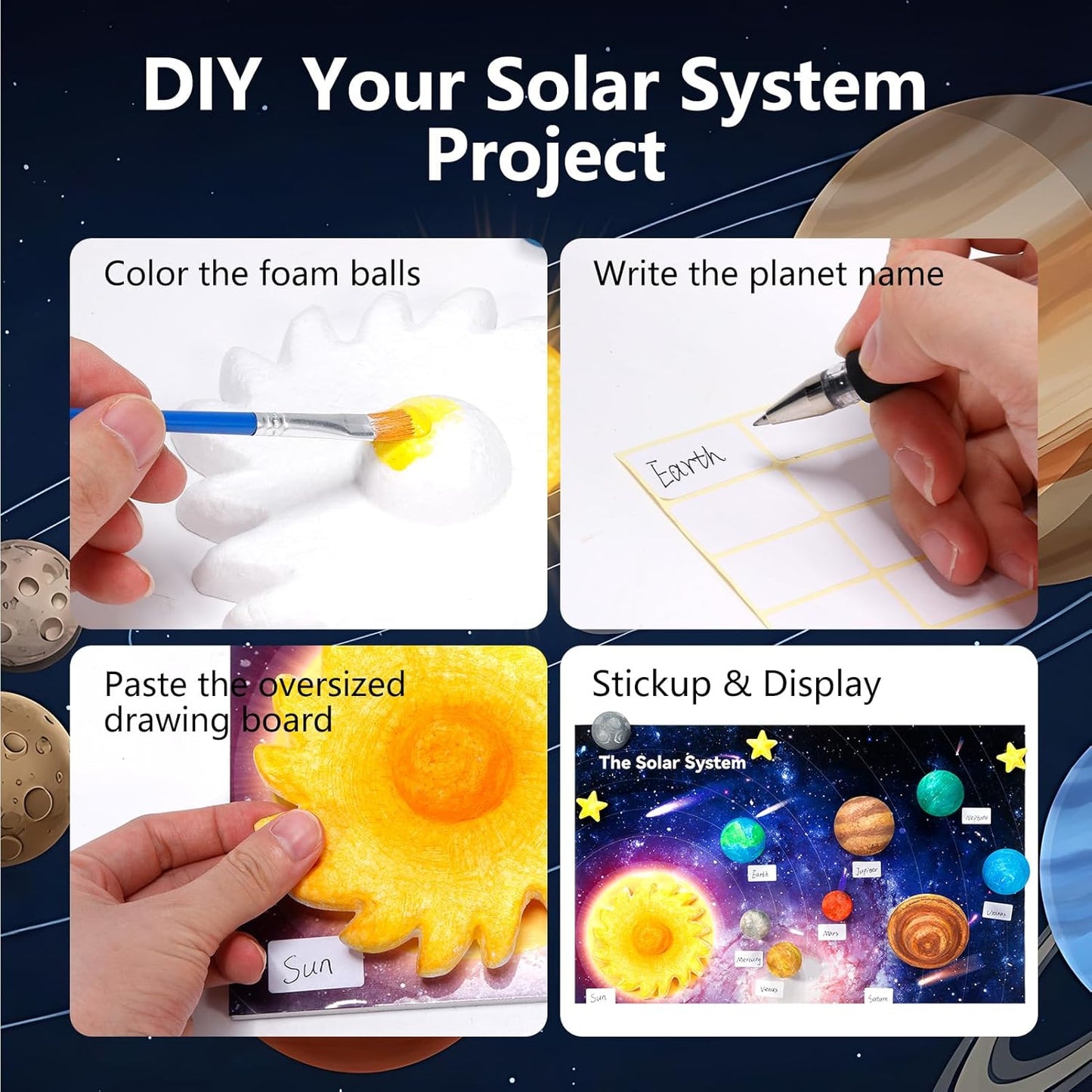 Pllieay Solar System Model Kit, 3D Solar System Kit with Display Board, 17 Foam Balls, 12 Color Pigments, Brushes, Palette, DIY Planets Model Toy for Kids School Science Projects