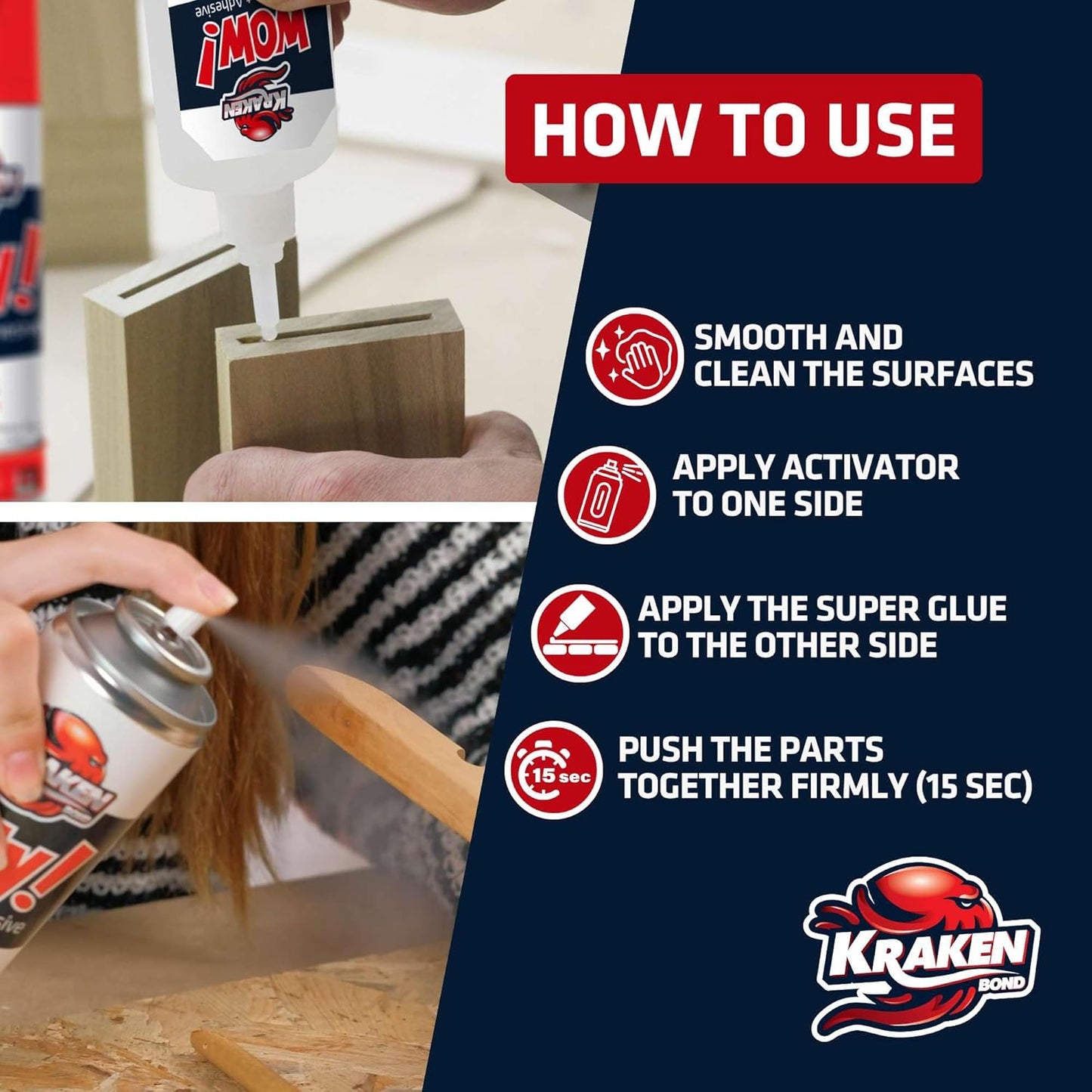 Kraken Bond Wow! CA Glue (1x3.50 oz) with Spray Adhesive Activator (1x13.50 fl oz) - Cyanoacrylate, with Activator, Fast CA Glue for Woodworking, Crazy & Craft - 1 Pack