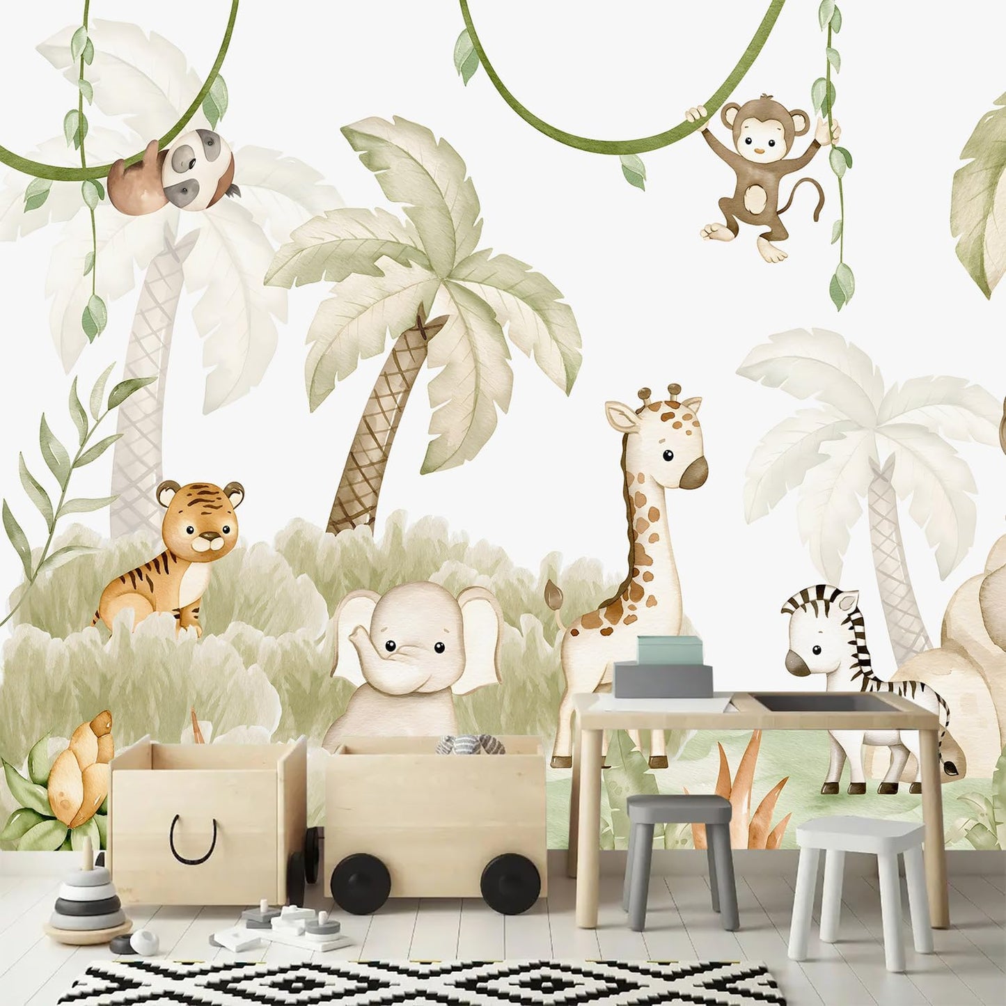 AFZEVEB-Safari Wallpaper Watercolor Animal Nursery Wall murals for Kids Room 136"x96"(Not Peel and Stick)