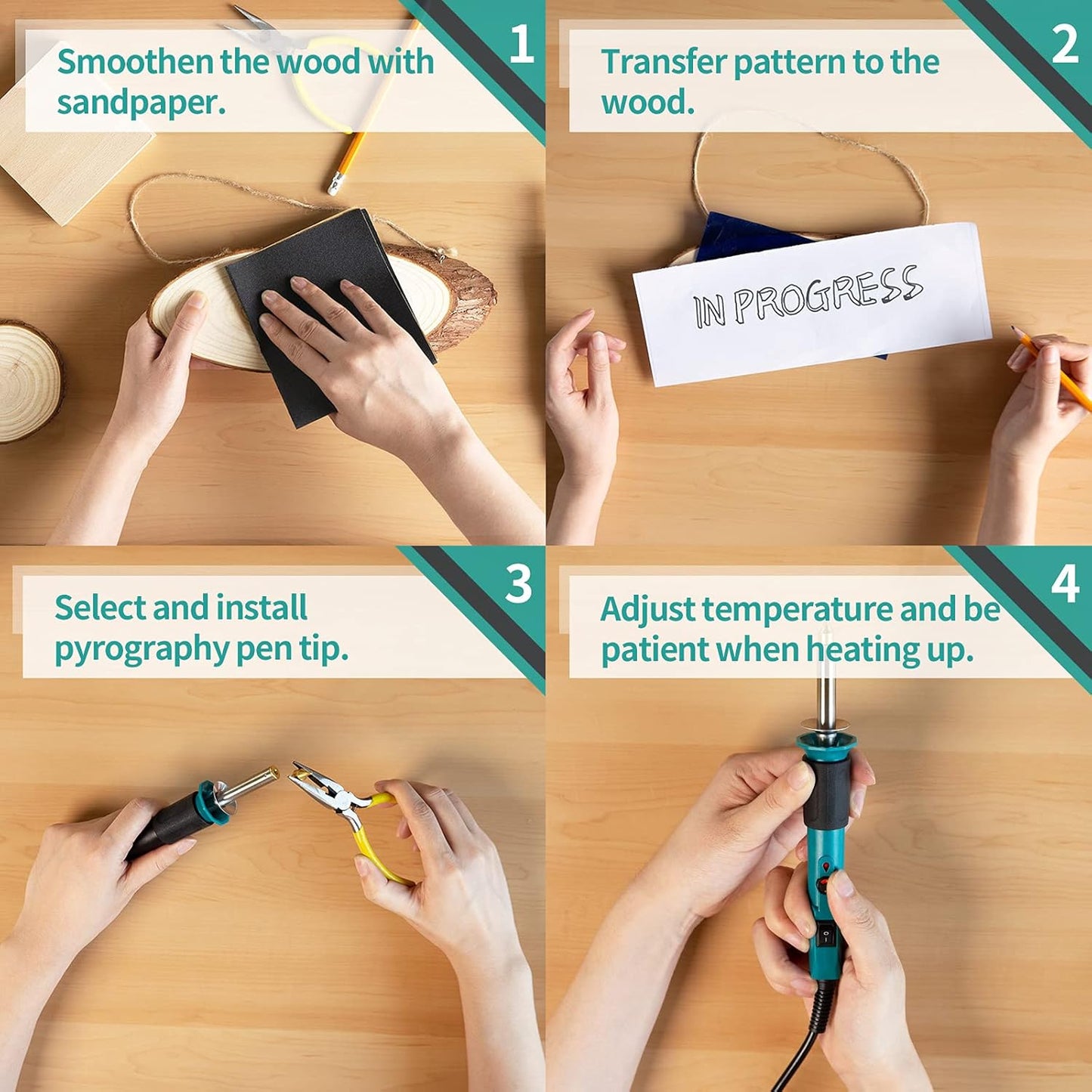 YIHUA 930-IV Pyrography Wood Burning Pen Kit Adjustable Temperature, Power Switch, Heat Deflector, Rubber Grip with 10 Pyrography Tips, 2 Wood Pieces, Flip-Up Pen Stand, for Woodburning DIY Crafts