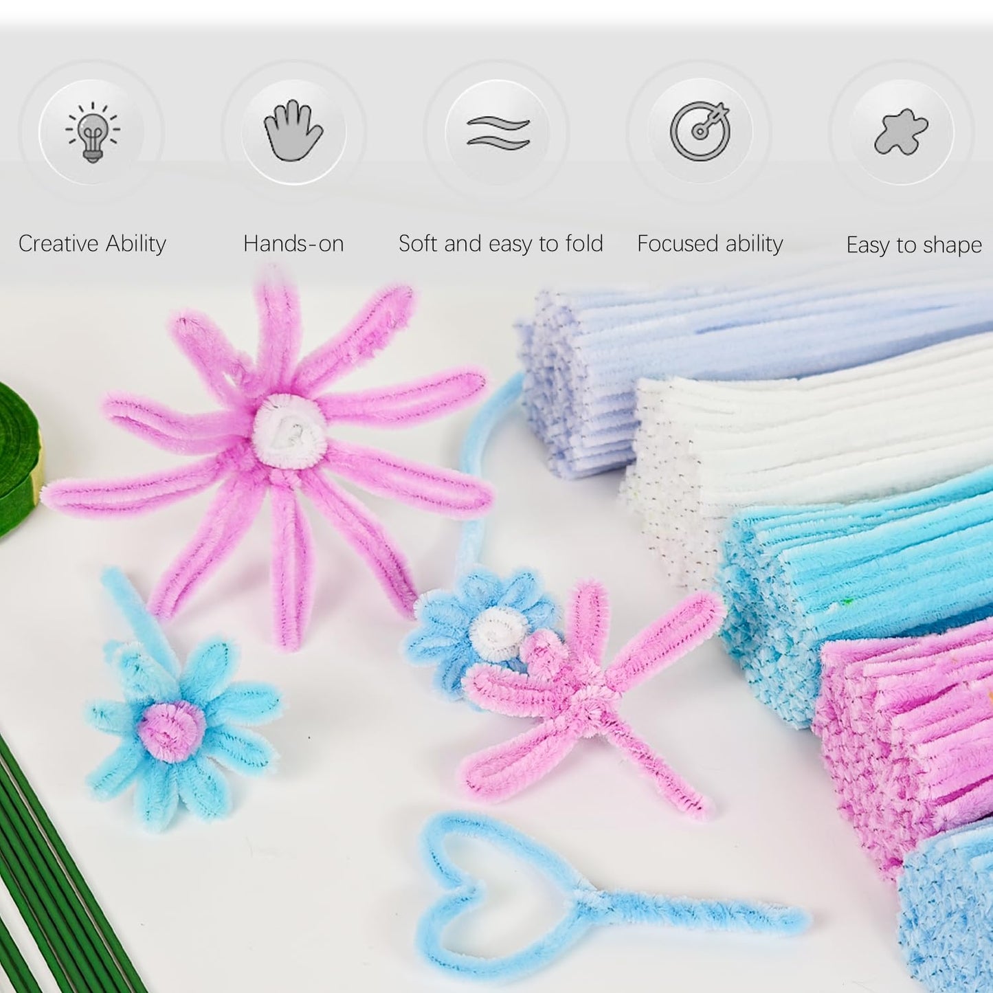 Jolbndcv Pipe Cleaners Flowers Craft Kit,521Pcs Pastel Pipe Cleaners DIY Chenille Stems Makiflower stemsng kit with Flower Stems and Tape