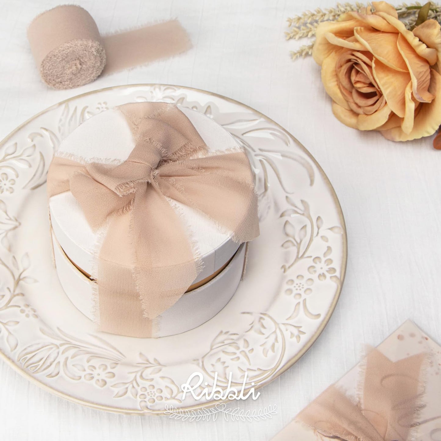 Ribbli Chiffon Silk Ribbon, 1.5 inch x 30 Yard, Cream/Champagne/Beige Fringe Chiffon Ribbon for Wedding Invitations, Bridal Bouquets Wrapping, Flower Arrangement Decoration