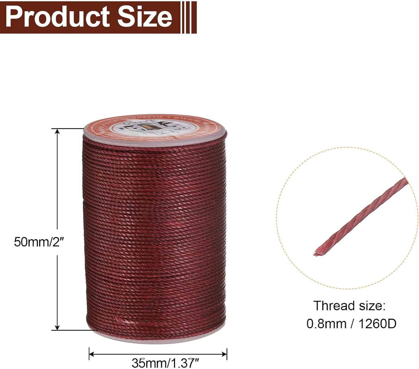uxcell Round Leather Sewing Waxed Thread, 55m / 60 Yards Wax Polyester String, 0.8mm Waxed Stitching Cord for Leather Crafts, Bookbinding, Bracelets Braided, Burgundy