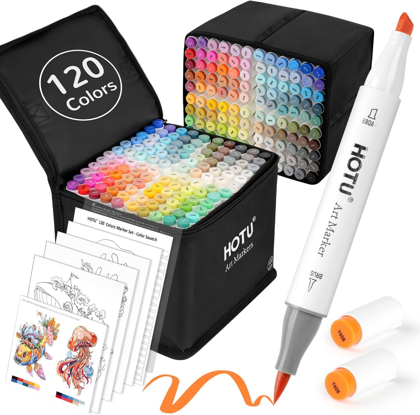 Alcohol Markers Brush Tip-120 Colors Dual Tip Brush & Chisel Art Marker Set for Artist Coloring Illustration with Line Art for Coloring, Colorless Blender, Swatch Card, Anti-bleed Pad
