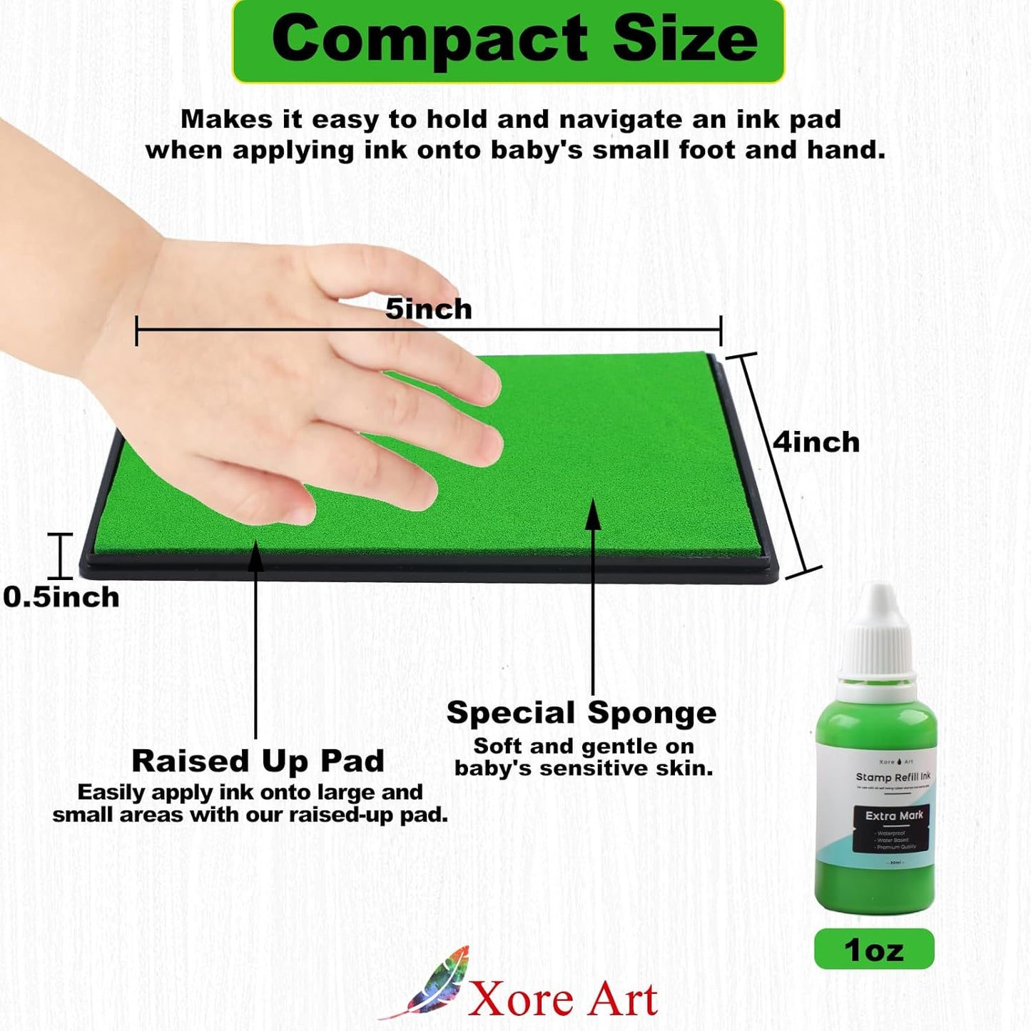 5"x4'' Large Ink Pad Washable Stamp Ink Pad for Baby Footprint Handprint with 30ml Premium Refill Ink (Light Green)