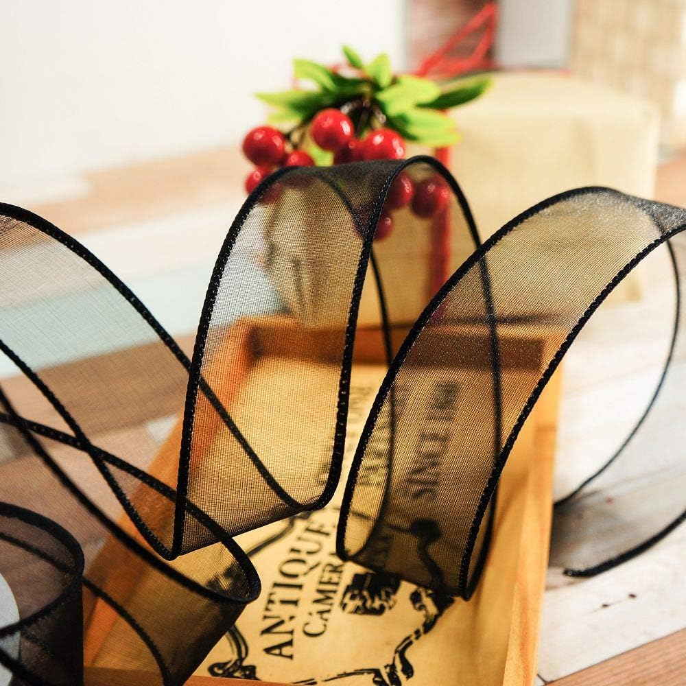 CT CRAFT LLC Sheer Organza Wired Ribbon 1.5" x 25 Yards x 2 Rolls Black for Wedding Chair Bow Flora Bouquet Gift Wrapping Christmas Tree Home Decor Wreath