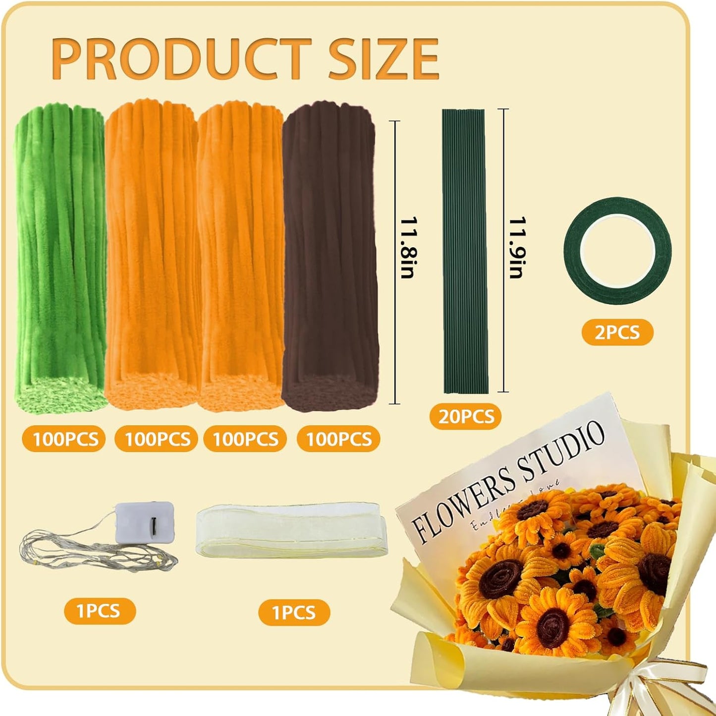 LOLEDE 400Pcs Pipe Cleaners Craft Kit, 3 Colors Chenille Stems for DIY Artificial Flower Making with Floral Wires, Gardening Tape, LED String Lights, Pearl Beads & Ribbon (Yellow)