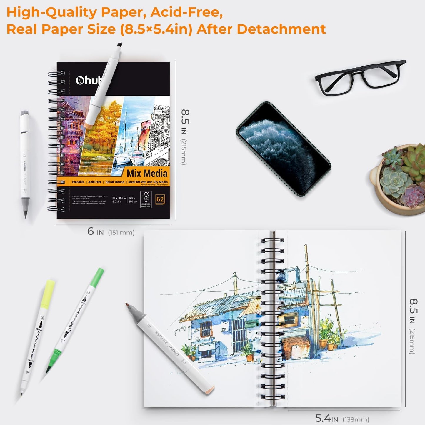 Mix Media Pad, Ohuhu Mixed Media Art Sketchbook, 120 LB/200 GSM Heavyweight Papers, 62 Sheets/124 Pages, Spiral Bound Mixed Media Paper Pad for Christmas Gift (8.5x6 in)