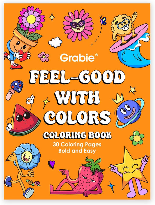 Grabie Easy Coloring Book for Adults Relaxation,Simple Mindful Coloring Pages for Alcohol Markers,Stress Relief Themes Flowers,Mushrooms,Monsters and More,Cute Designs(Feel Good with Color,30 Sheets)