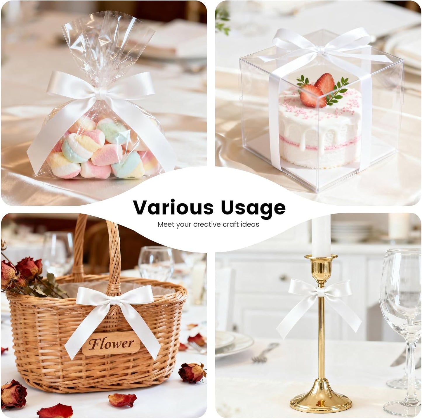 5/8 Inch 100 Yards White Ribbon, Fabric White Stain Ribbon for Gift Wrapping, Wedding and Birthday Party Decoration, Valentine's Day, Craft, Flower Bouquet, Sewing