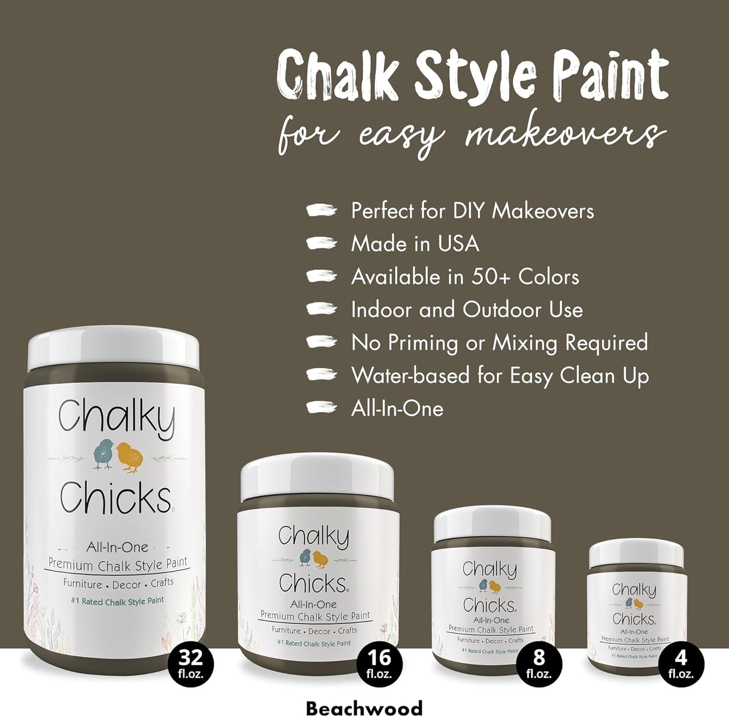Chalky Chicks All-in-One Chalk Paint for Furniture or Cabinet - 16 Fl Oz - Matte Finish Beachwood (Brown/Gray) for Metal, Wood Furniture Paint - No Sanding All-in-One for Home Decor & Crafts, USA Made