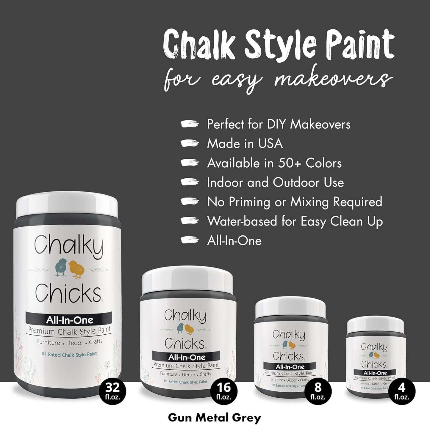 Chalky Chicks All-in-One Chalk Paint for Furniture or Cabinet -4Fl Oz -Matte Finish Gun Metal Gray (Dark Gray) for Metal, Wood Furniture Paint - No Sanding All-in-One for Home Decor & Crafts, USA Made