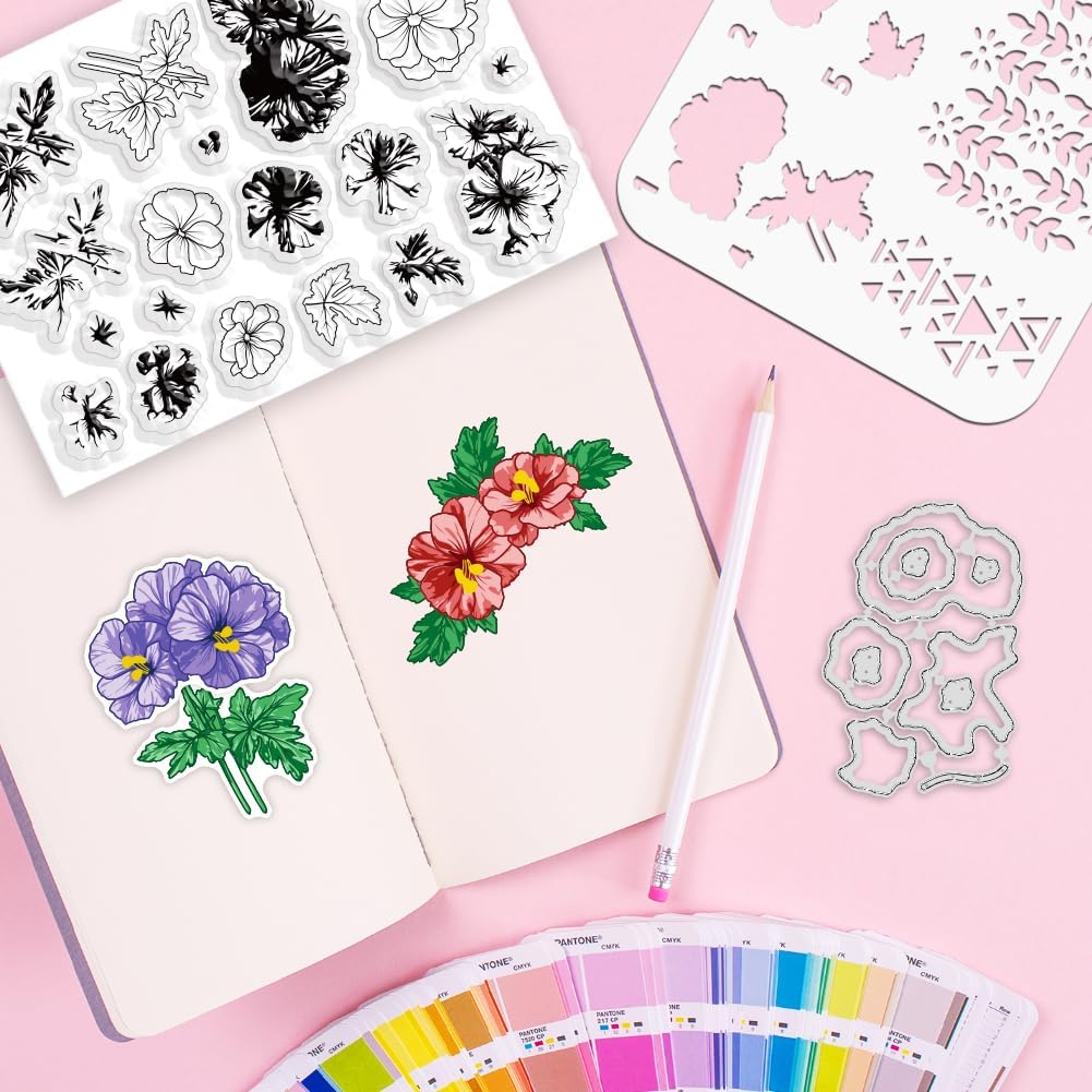 ORIGACH Geranium Layering Stencil Stamp and Die Set for Card Making, Flower Stencil Template Silicone Clear Stamps and Metal Die Sets for DIY Scrapbooking Photo Album Crafting