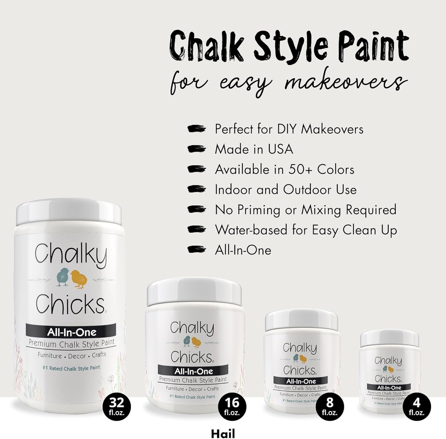 Chalky Chicks All-in-One Chalk Paint for Furniture or Cabinet - 4 Fl Oz - Matte Finish Hail White for Metal, Wood Furniture Paint - No Sanding All-in-One for Home Decor & Crafts, USA Made