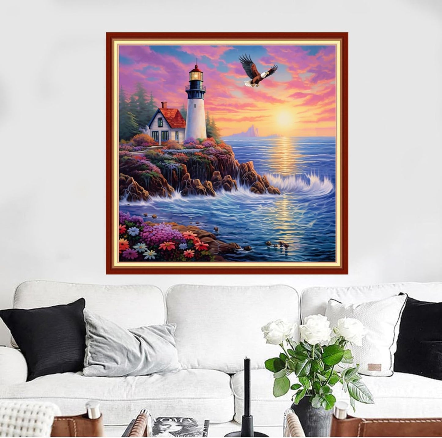 Redxing Stamped Cross Stitch Kits Full Range of Embroidery Starter Kits- Needlepoint Counted Cross Stitch Kits for Beginner Adults 11CT Printed Embroidery Kit-Seaside Lighthouse 18x18 inch