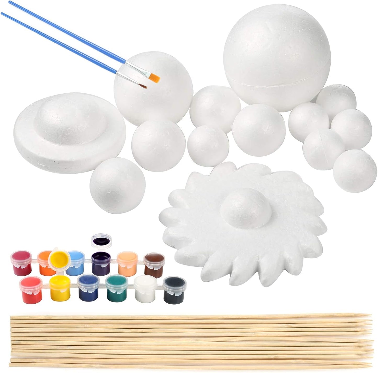Pllieay Solar System Model Foam Ball Kit Includes 14PCS Mixed Sized Polystyrene Spheres Balls, 12PCS Bamboo Sticks, 12 Color Pigments, 2PCS Painting Brushes for School Science Projects