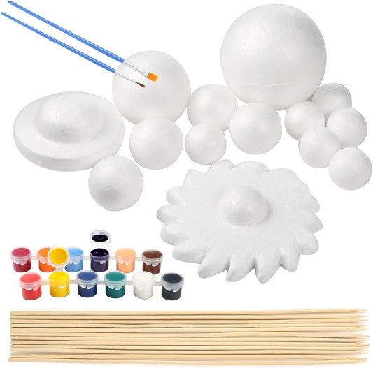 Pllieay Solar System Model Foam Ball Kit Includes 14PCS Mixed Sized Polystyrene Spheres Balls, 12PCS Bamboo Sticks, 12 Color Pigments, 2PCS Painting Brushes for School Science Projects