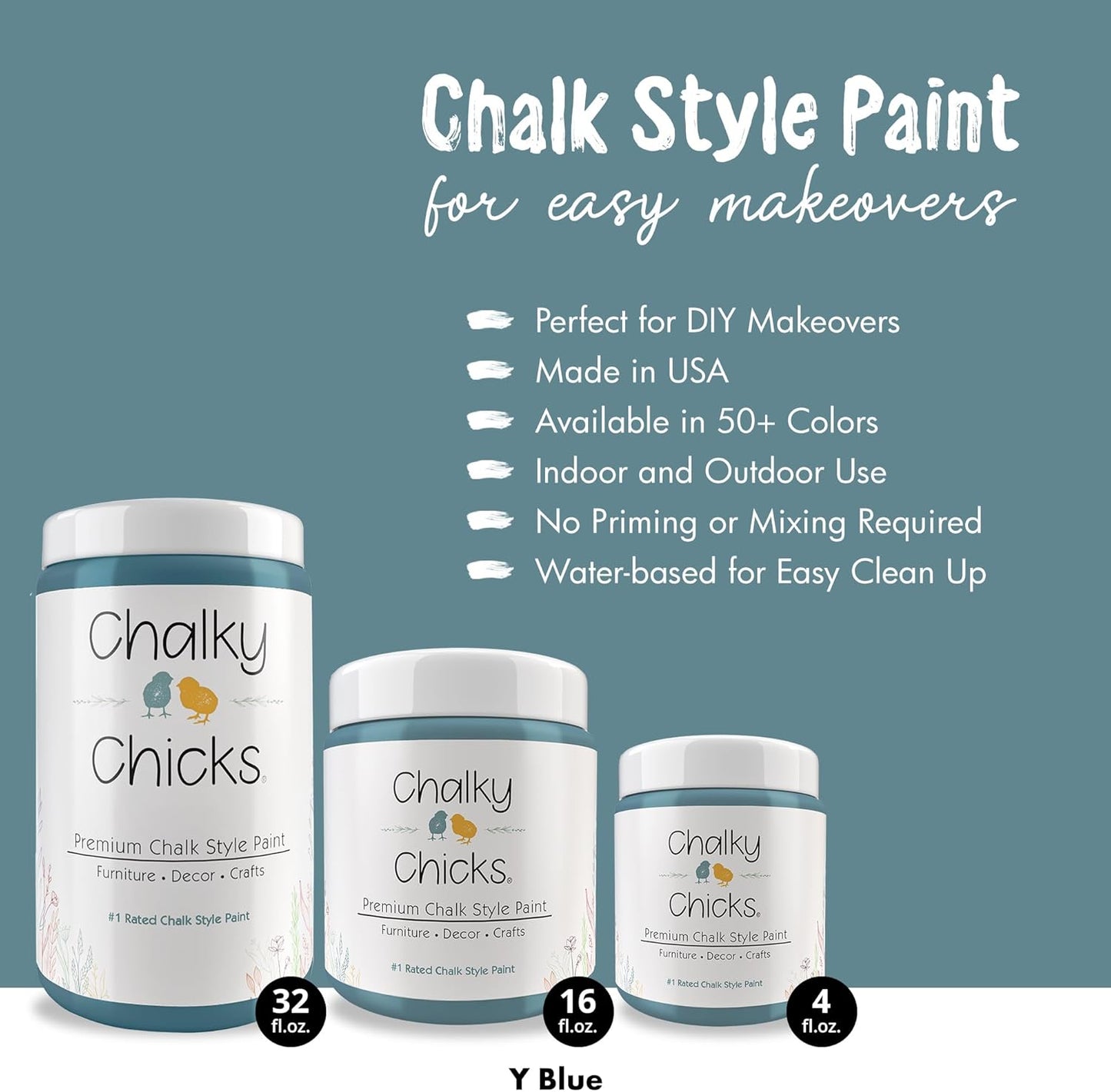 Chalky Chicks All-in-One Chalk Paint for Furniture or Cabinet - 16 Fl Oz - Matte Finish Y Blue (Medium Blue) for Metal, Wood Furniture Paint - No Sanding All-in-One for Home Decor & Crafts, USA Made